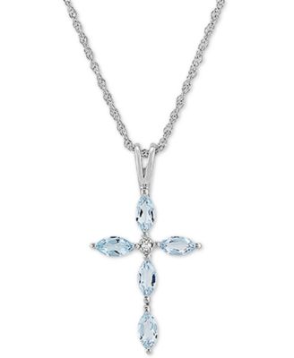 Macy's - Aquamarine (1/2 ct. t.w.) & Cubic Zirconia 18" Cross Pendant Necklace in Sterling Silver