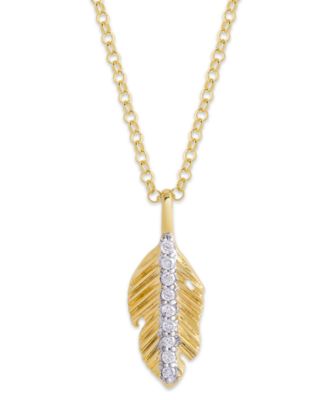 Macy's - Diamond (1/10 ct. t.w.) Leaf Pendant Necklace in 14k Yellow Gold over Sterling Silver