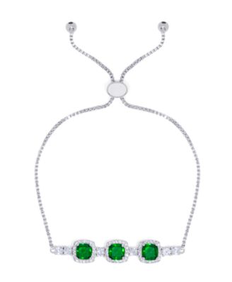 Macy's - Simulated Emerald/Cubic Zirconia Cushion Adjustable Bolo Bracelet in Fine Silver Plate