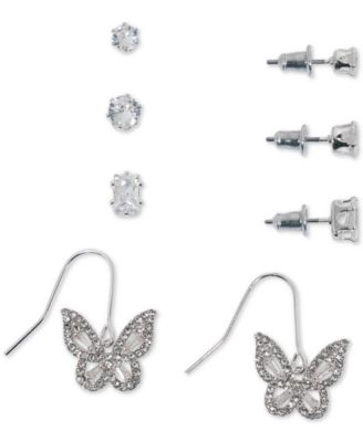 Macy's - 4-Pc. Set Cubic Zirconia Stud & Butterfly Drop Earrings in Fine Silver Plate