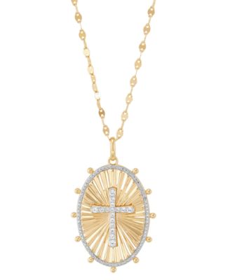 Macy's - Lab-Created White Sapphire (1/4 ct. t.w.) & Diamond Accent Cross Oval Pendant Necklace in 14k Gold-Plated Sterling Silver, 16" + 2" extender