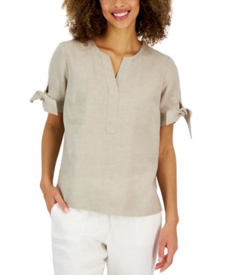 Charter Club - Linen Split-Neck Tie-Cuff Top