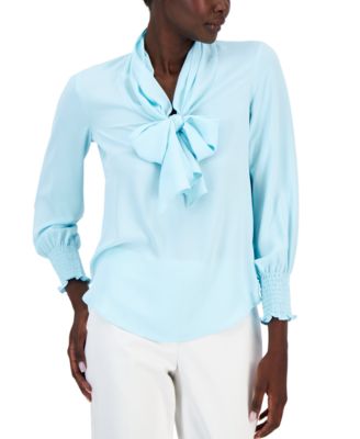 Anne Klein - Women's Chiffon Smocked-Cuff Bow Blouse