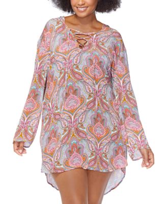 Raisins Curve - Plus Size Paisley-Print Silk Road Hooded Lace-Up Swim Cover-Up