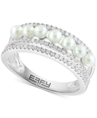 EFFY Collection - Freshwater Pearl (3mm) & Diamond (1/3 ct. t.w.) Multirow Ring in 14k White Gold