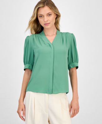 T Tahari - Women's Split-Neck Covered-Placket Woven Top
