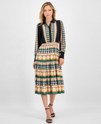 T Tahari - Women's Printed Half-Placket Smocked-Waist Midi Dress