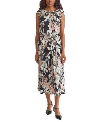 Kasper - Women's Floral-Print Pleated-Neck Keyhole Midi Dress