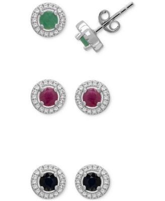 Macy's - 3-Pc. Set Emerald (1/2 ct. t.w.), Ruby (5/8 ct. t.w.), Sapphire (5/8 ct. t.w.) & White Zircon (7/8 ct. t.w.) Halo Stud Earrings in Sterling Silver