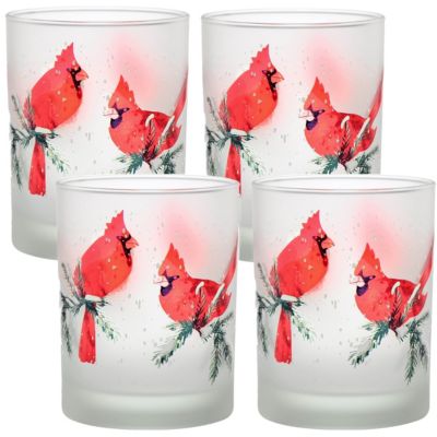 Culver - Winter Cardinals 14-Ounce Frosted DOF Double Old Fashioned Glass Set of 4