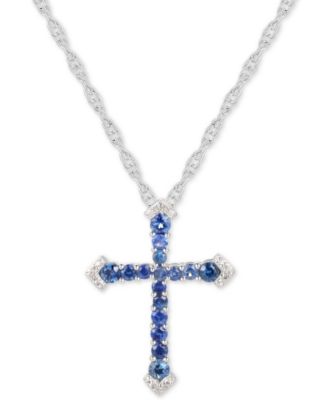 Macy's - Sapphire (1/2 ct. t.w.) & Diamond Accent Cross 18" Pendant Necklace in Sterling Silver