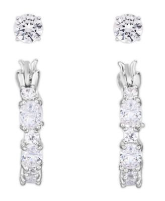 Macy's - Cubic Zirconia 2-Pc. Hoop and Round Stud Earrings in Fine Silver Plate