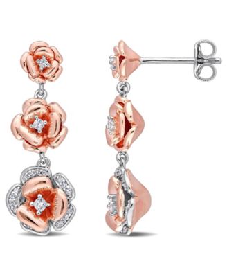Macy's - Created White Sapphire (1/8 ct. t.w.) and Diamond (1/10 ct. t.w.) Graduated Floral Earrings in Two-Tone Sterling Silver