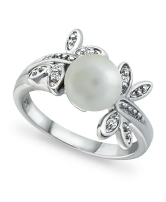Macy's - Imitation Pearl Cubic Zirconia Dragonfly Ring in Fine Silver Plate