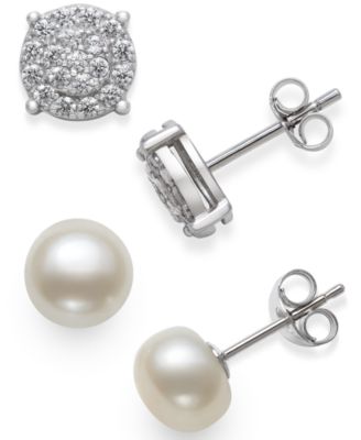Macy's - 2-Pc. Set Cultured Freshwater Pearl (7mm) & Cubic Zirconia Stud Earrings in Sterling Silver