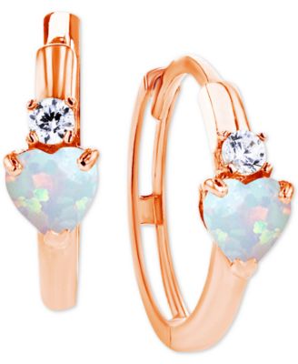 Macy's - Lab-Created Opal (1/5 ct. t.w.) & Lab-Created White Sapphire (1/10 ct. t.w.) Heart Small Hoop Earrings, 0.5"