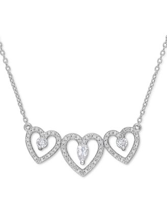 Macy's - White Topaz (1/2 ct. t.w.) & Diamond (1/5 ct. t.w.) Triple Heart 18" Statement Necklace in Sterling Silver