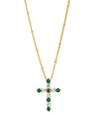 Macy's - Lab-Created Emerald (1/4 ct. t.w.) & Lab-Created White Sapphire (1/3 ct. t.w.) Cross Pendant Necklace in 14k Gold-Plated Sterling Silver, 16" + 2" extender