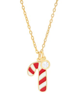 Macy's - Lab-Created White Sapphire (5/8 ct. t.w.) & Enamel Candy Cane & Bezel Drop Pendant Necklace in 14k Gold-Plated Sterling Silver, 16" + 2" extender
