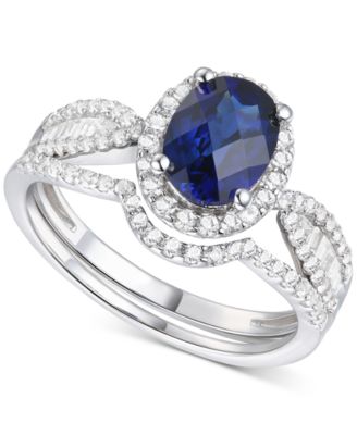 Macy's - 2-Pc. Set Lab-Grown Emerald (1 ct. t.w.) & Lab-Grown White Sapphire (5/8 ct. t.w.) Ring & Fitted Band in Sterling Silver (Also in Lab-Grown Blue Sapphire)
