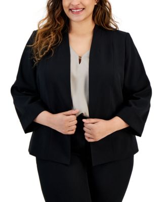 Kasper - Plus Size Collarless Open-Front 3/4-Sleeve Jacket
