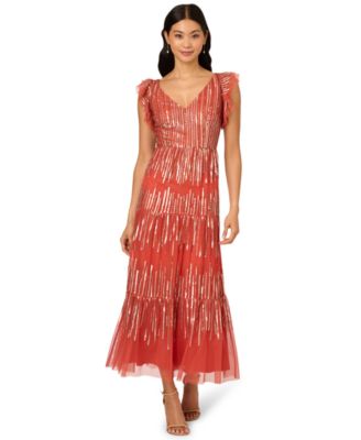 Adrianna Papell - Women's Beaded Mesh Tiered Midi Dress