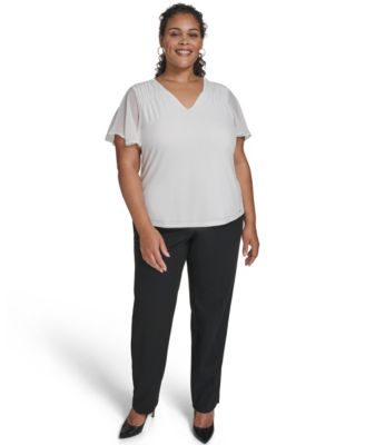 Calvin Klein - Plus Size Mixed Media Flutter-Sleeve Blouse