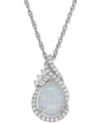 Macy's - Lab-Created Opal (3/4 ct. t.w.) and White Sapphire (1/4 ct. t.w.) Teardrop Pendant Necklace in Sterling Silver