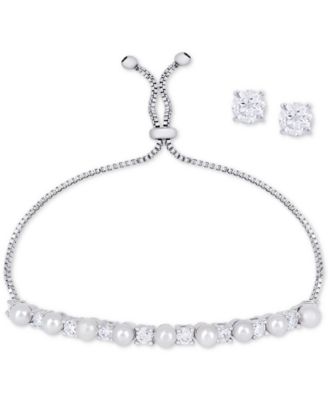 Macy's - 2-Pc. Set Imitation Pearl Slider Bracelet & Cubic Zirconia Stud Earrings in Fine Silver-Plate