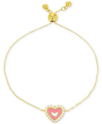 Macy's - Cubic Zirconia Pink Enamel Heart Bolo Bracelet in 14k Gold-Plated Sterling Silver