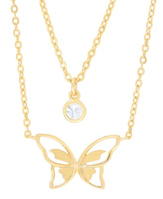 Macy's - Lab-Created White Sapphire Bezel & Butterfly Layered Pendant Necklace (1/3 ct. t.w.) in 14k Gold-Plated Sterling Silver