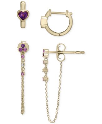 Macy's - 2-Pc. Set Amethyst (5/8 ct. t.w.) & Lab-Created White Sapphire (1/20 ct. t.w.) Hoop & Chain Drop Earrings in 14k Gold-Plated Sterling Silver