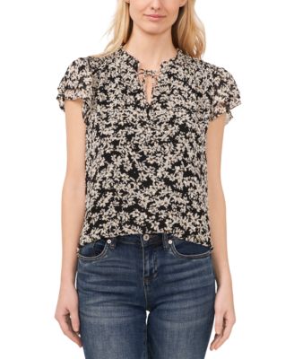 CeCe - Women's Floral Clip-Dot Tie-Neck Flutter-Sleeve Top