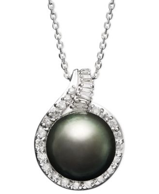 Macy's - 14k White Gold Necklace, Cultured Tahitian Pearl (12mm) and Diamond (1/2 ct. t.w.) Pendant