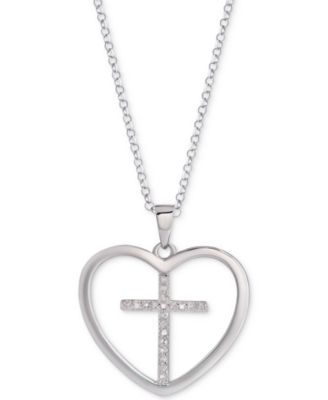 Macy's - Diamond Cross Heart 18" Pendant Necklace (1/10 ct. t.w.) in Sterling Silver