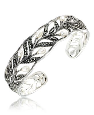 Macy's - Marcasite and Fresh Water Pearl (8 mm) Cuff Bangle in Sterling Silver