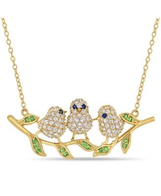 Macy's - Created Blue and White Sapphire (1 1/4 ct. t.w.) Tsavorite (1/6 ct. t.w.) Leaf Chick Necklace in 18k Gold Over Sterling Silver