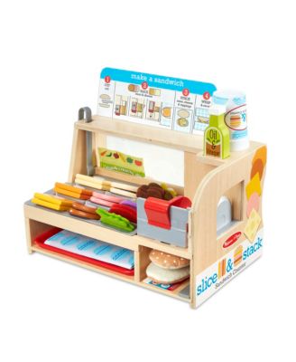Melissa and Doug - Wooden Slice Stack Sandwich Counter with Deli Slicer – 56-Piece Pretend Play Food Pieces