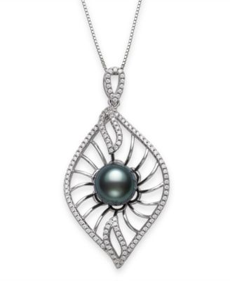 Macy's - Cultured Black Tahitian Pearl 9-10mm and Cubic Zirconia Drop Pendant in Sterling Silver with 18" Chain