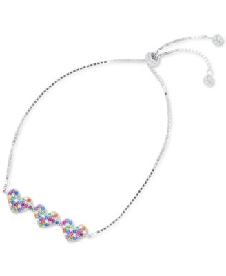 Macy's - Rainbow Cubic Zirconia Pav&eacute; Triple Heart Bolo Bracelet in Sterling Silver (Also in 14k Gold Over Silver)