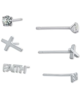 Giani Bernini - 3-Pc. Set Cubic Zirconia & Faith-Themed Stud Earrings in Sterling Silver