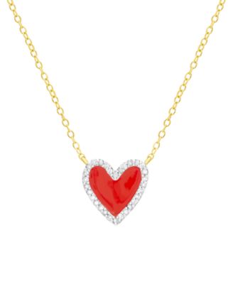 Macy's - Diamond Red Enamel Heart "Loved" 18" Pendant Necklace (1/8 ct. t.w.) in 14k Gold-Plated Sterling Silver