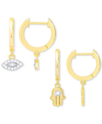 Macy's - 2-Pc. Set Diamond Evil Eye & Hamsa Hand Dangle Hoop Earrings (1/6 ct. t.w.) in 14k Gold-Plated Sterling Silver