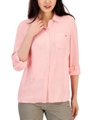 Tommy Hilfiger - Women's Roll-Tab-Sleeve Button-Down Emblem Shirt