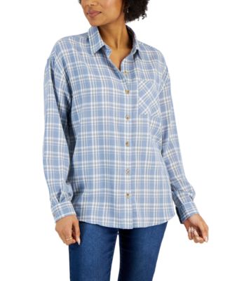 Just Polly - Juniors' Plaid-Print Button-Front Long-Sleeve Shirt