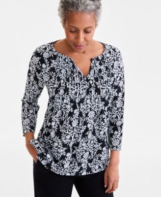 Style & Co - Women's Printed Pintuck Split-Neck Top