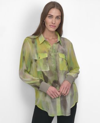 DKNY - Women's Button-Front Printed Chiffon Blouse