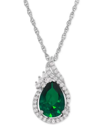 Macy's - Lab-Created Emerald (1-3/4 ct. t.w.) and White Sapphire (1/4 ct. t.w.) Teardrop Pendant Necklace in Sterling Silver