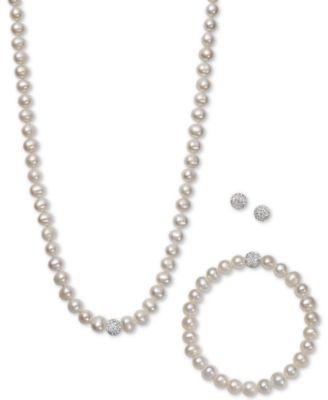 Macy's - White, Gray or Pink Cultured Freshwater Pearl (7mm) and Crystal Collar Jewelry Set