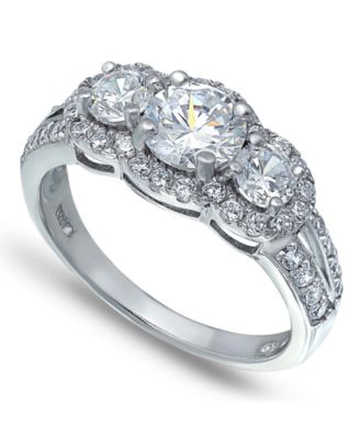 Macy's - Cubic Zirconia Round 3 Stone Halo Ring in Fine Silver Plate